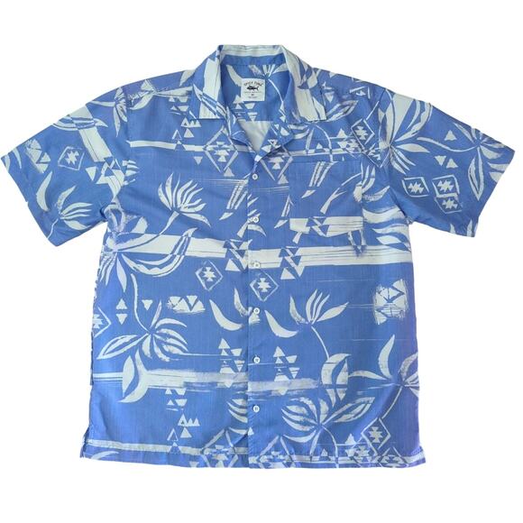SPICY TUNA Blue White Button Up Collar Tropical Aloha Hawaiian Shirt Mens Meduim - Picture 1 of 7
